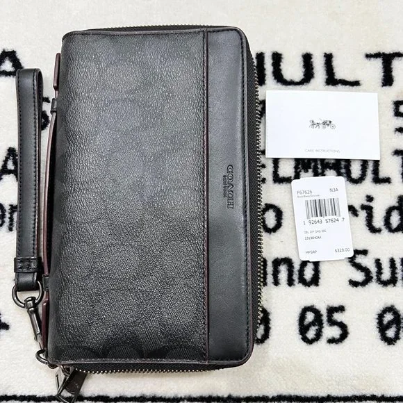 Coach Signature Double Zip Travel Organizer with Wrist Strap Black Oxblood